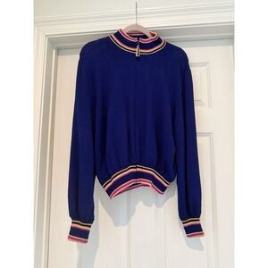 St John Sport Marie Gray Knit Zip Jacket Blue Stripe Trim Size L USA